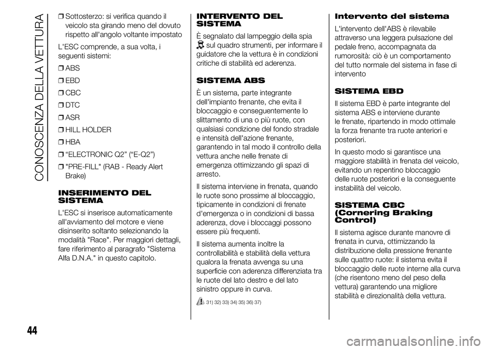 Alfa Romeo 4C 2015 Libretto Uso Manutenzione (in Italian) ❒Sottosterzo: si verifica quando il
veicolo sta girando meno del dovuto
rispetto all'angolo voltante impostato
L'ESC comprende, a sua volta, i
seguenti sistemi:
❒ABS
❒EBD
❒CBC
❒DTC
Alfa Romeo 4C 2015 Libretto Uso Manutenzione (in Italian) ❒Sottosterzo: si verifica quando il
veicolo sta girando meno del dovuto
rispetto all'angolo voltante impostato
L'ESC comprende, a sua volta, i
seguenti sistemi:
❒ABS
❒EBD
❒CBC
❒DTC