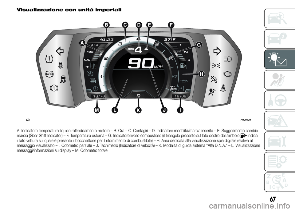 Alfa Romeo 4C 2015 Libretto Uso Manutenzione (in Italian) Visualizzazione con unità imperiali
A. Indicatore temperatura liquido raffreddamento motore – B. Ora – C. Contagiri – D. Indicatore modalità/marcia inserita – E. Suggerimento cambio
marcia ( Alfa Romeo 4C 2015 Libretto Uso Manutenzione (in Italian) Visualizzazione con unità imperiali
A. Indicatore temperatura liquido raffreddamento motore – B. Ora – C. Contagiri – D. Indicatore modalità/marcia inserita – E. Suggerimento cambio
marcia (