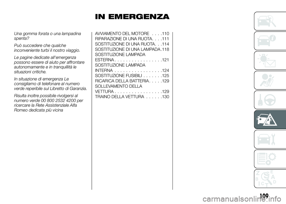Alfa Romeo 4C 2016  Libretto Uso Manutenzione (in Italian) IN EMERGENZA
Una gomma forata o una lampadina
spenta?
Può succedere che qualche
inconveniente turbi il nostro viaggio.
Le pagine dedicate all'emergenza
possono essere di aiuto per affrontare
auto