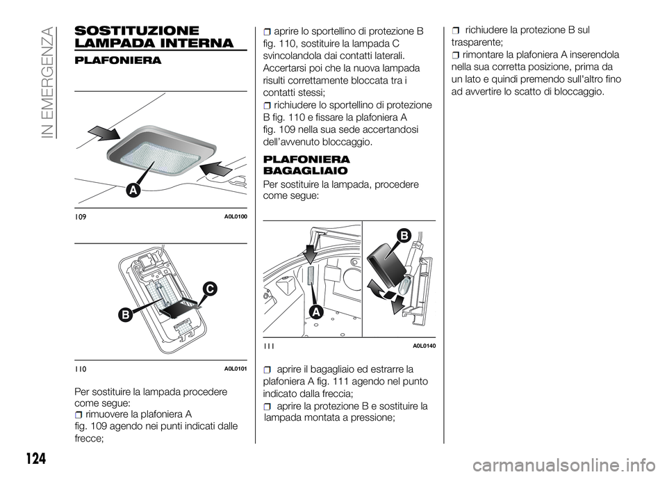 Alfa Romeo 4C 2016 Libretto Uso Manutenzione (in Italian) SOSTITUZIONE
LAMPADA INTERNA
PLAFONIERA
Per sostituire la lampada procedere
come segue:
rimuovere la plafoniera A
fig. 109 agendo nei punti indicati dalle
frecce;
aprire lo sportellino di protezione B Alfa Romeo 4C 2016 Libretto Uso Manutenzione (in Italian) SOSTITUZIONE
LAMPADA INTERNA
PLAFONIERA
Per sostituire la lampada procedere
come segue:
rimuovere la plafoniera A
fig. 109 agendo nei punti indicati dalle
frecce;
aprire lo sportellino di protezione B
