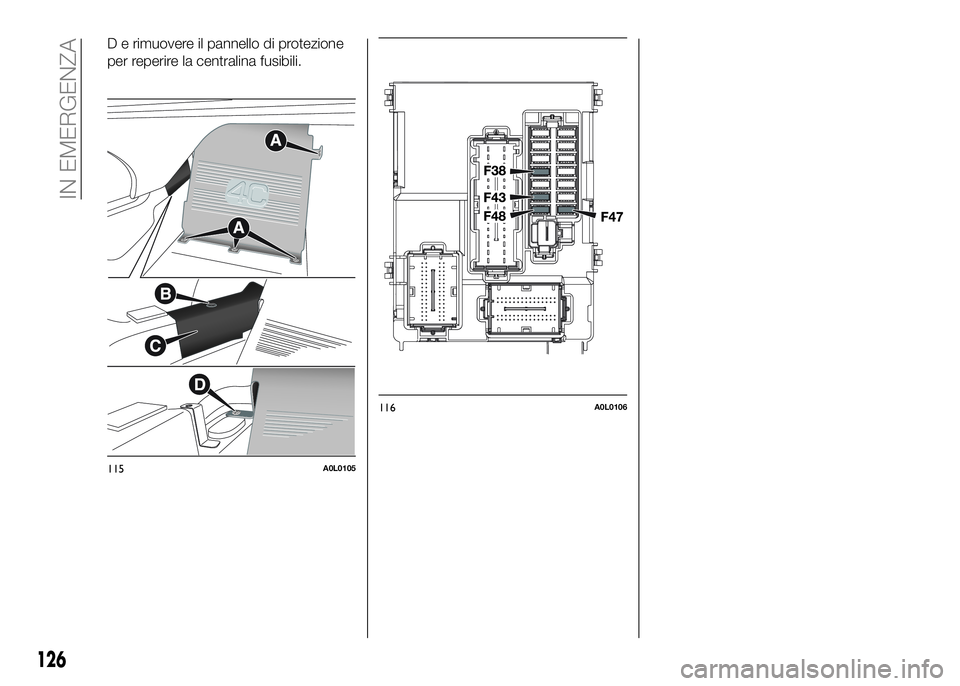 Alfa Romeo 4C 2016  Libretto Uso Manutenzione (in Italian) D e rimuovere il pannello di protezione
per reperire la centralina fusibili.
115A0L0105
116A0L0106
126
IN EMERGENZA 