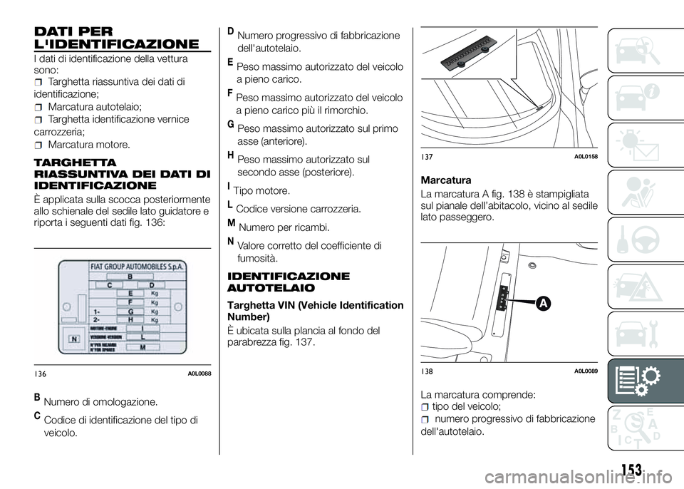 Alfa Romeo 4C 2016  Libretto Uso Manutenzione (in Italian) DATI PER
L'IDENTIFICAZIONE
I dati di identificazione della vettura
sono:
Targhetta riassuntiva dei dati di
identificazione;
Marcatura autotelaio;
Targhetta identificazione vernice
carrozzeria;
Mar