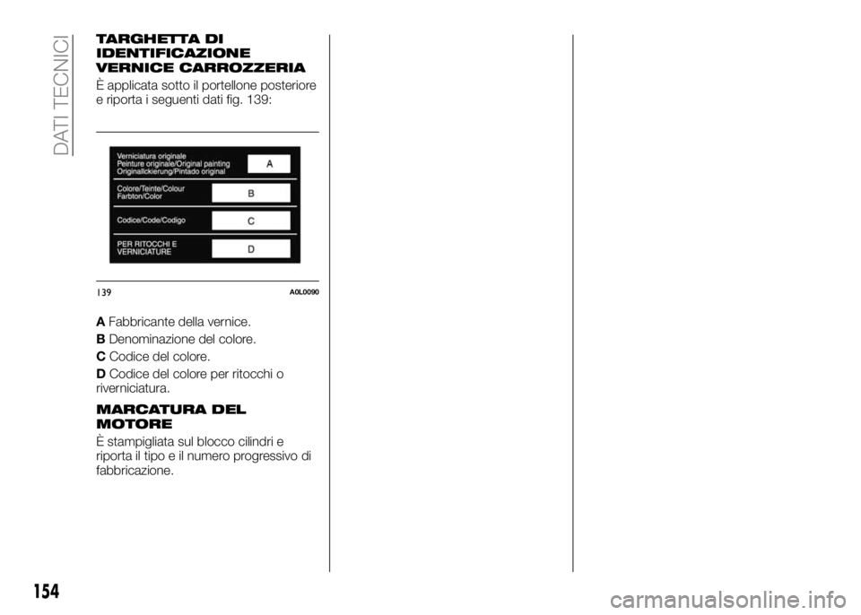 Alfa Romeo 4C 2016 Libretto Uso Manutenzione (in Italian) TARGHETTA DI
IDENTIFICAZIONE
VERNICE CARROZZERIA
È applicata sotto il portellone posteriore
e riporta i seguenti dati fig. 139:
AFabbricante della vernice.
BDenominazione del colore.
CCodice del colo Alfa Romeo 4C 2016 Libretto Uso Manutenzione (in Italian) TARGHETTA DI
IDENTIFICAZIONE
VERNICE CARROZZERIA
È applicata sotto il portellone posteriore
e riporta i seguenti dati fig. 139:
AFabbricante della vernice.
BDenominazione del colore.
CCodice del colo