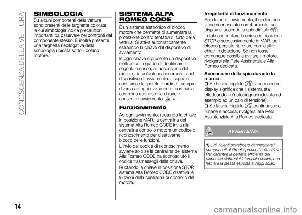 Alfa Romeo 4C 2016 Libretto Uso Manutenzione (in Italian) SIMBOLOGIA
Su alcuni componenti della vettura
sono presenti delle targhette colorate,
la cui simbologia indica precauzioni
importanti da osservare nei confronti del
componente stesso. È inoltre prese Alfa Romeo 4C 2016 Libretto Uso Manutenzione (in Italian) SIMBOLOGIA
Su alcuni componenti della vettura
sono presenti delle targhette colorate,
la cui simbologia indica precauzioni
importanti da osservare nei confronti del
componente stesso. È inoltre prese