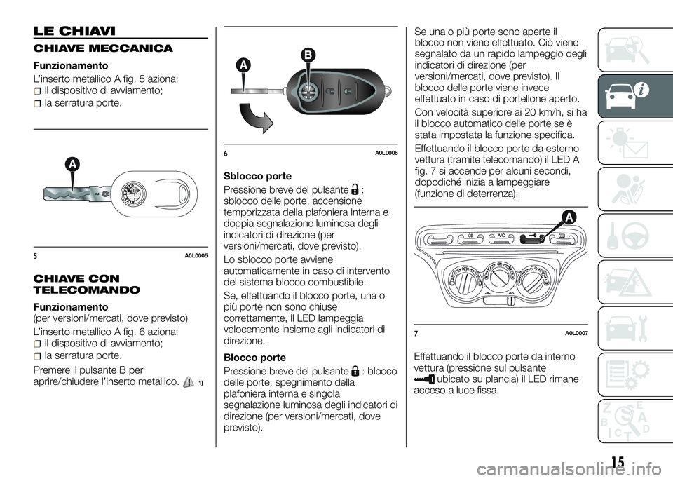 Alfa Romeo 4C 2016  Libretto Uso Manutenzione (in Italian) LE CHIAVI
CHIAVE MECCANICA
Funzionamento
L’inserto metallico A fig. 5 aziona:
il dispositivo di avviamento;
la serratura porte.
CHIAVE CON
TELECOMANDO
Funzionamento
(per versioni/mercati, dove previ