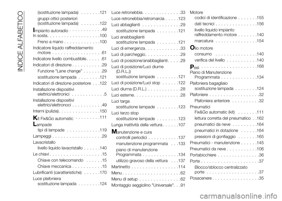 Alfa Romeo 4C 2016  Libretto Uso Manutenzione (in Italian) (sostituzione lampada).......121
gruppi ottici posteriori
(sostituzione lampada).......122
Impianto autoradio............49
In sosta...................100
Freno a mano.............100
Indicatore liqui