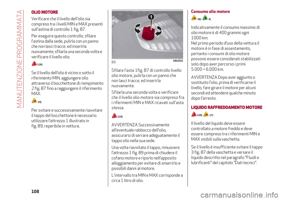 Alfa Romeo 4C 2020  Libretto Uso Manutenzione (in Italian) MANUTENZIONE PROGRAMMATA
108
OLIO MOTORE
Verificare che il livello dell'olio sia
compreso tra i livelli MIN e MAX presenti
sull'astina di controllo 1 fig. 87.
Per eseguire questo controllo, sf