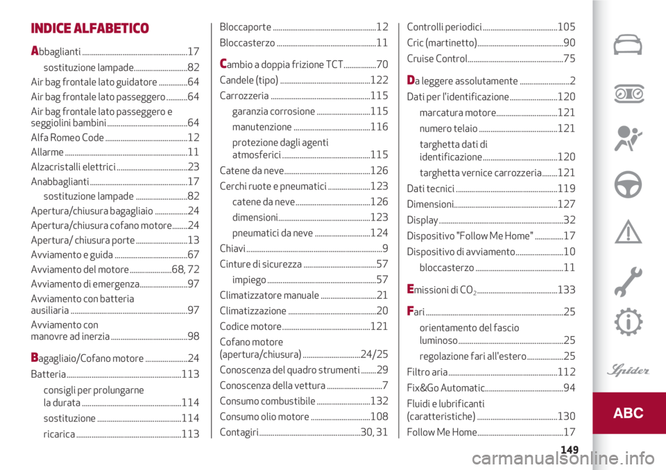 Alfa Romeo 4C 2020  Libretto Uso Manutenzione (in Italian) 149
INDICE ALFABETICO 
Abbaglianti .......................................................17
sostituzione lampade............................82 
Air bag frontale lato guidatore ...............64
Air b