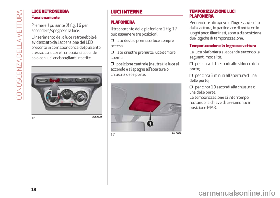 Alfa Romeo 4C 2020 Libretto Uso Manutenzione (in Italian) LUCE RETRONEBBIA
Funzionamento
Premere il pulsante 4fig. 16 per
accendere/spegnere la luce.
L'inserimento della luce retronebbia è
evidenziato dall'accensione del LED
presente in corrisponden Alfa Romeo 4C 2020 Libretto Uso Manutenzione (in Italian) LUCE RETRONEBBIA
Funzionamento
Premere il pulsante 4fig. 16 per
accendere/spegnere la luce.
L'inserimento della luce retronebbia è
evidenziato dall'accensione del LED
presente in corrisponden