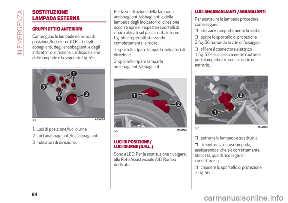 Alfa Romeo 4C 2020  Libretto Uso Manutenzione (in Italian) SOSTITUZIONE
LAMPADA ESTERNA
GRUPPI OTTICI ANTERIORI
Contengono le lampade delle luci di
posizione/luci diurne (D.R.L.), degli
abbaglianti, degli anabbaglianti e degli
indicatori di direzione. La disp