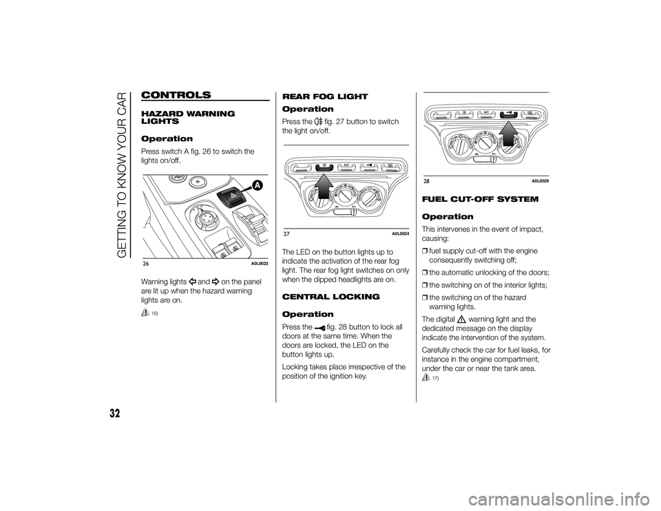 Alfa Romeo 4C 2014  Owner handbook (in English) CONTROLSHAZARD WARNING
LIGHTS
Operation
Press switch A fig. 26 to switch the
lights on/off.
Warning lights
and
on the panel
are lit up when the hazard warning
lights are on.
16)
REAR FOG LIGHT
Operati