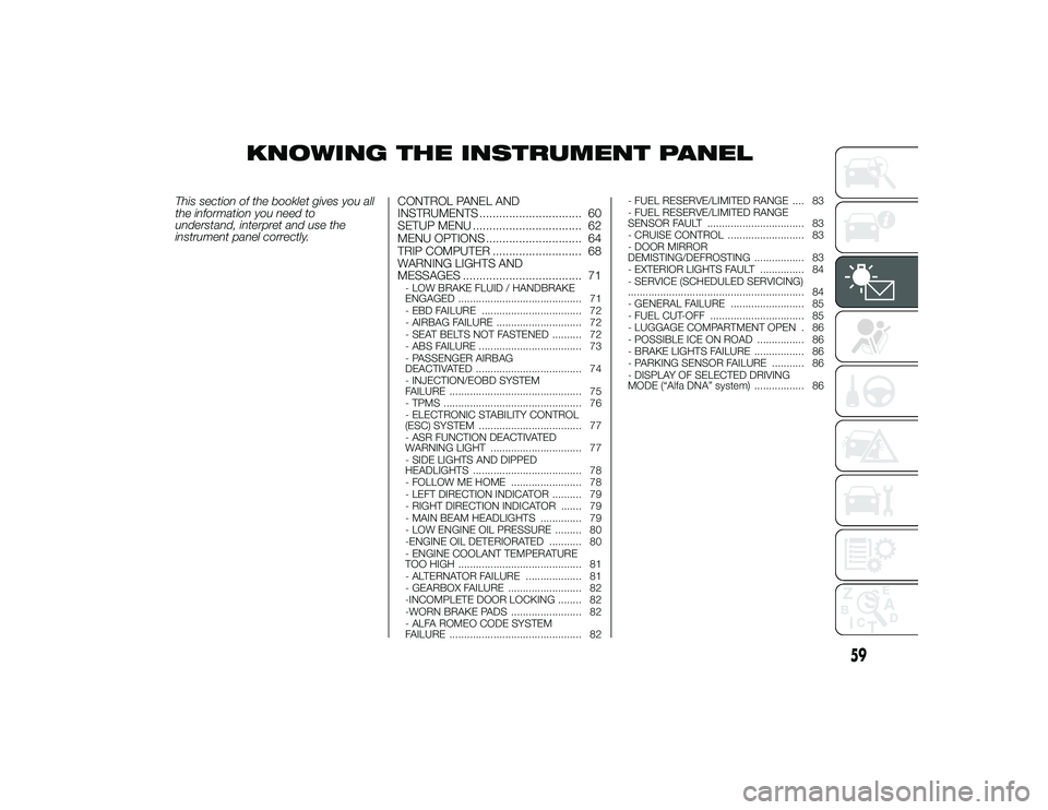 Alfa Romeo 4C 2014  Owner handbook (in English) KNOWING THE INSTRUMENT PANEL
This section of the booklet gives you all
the information you need to
understand, interpret and use the
instrument panel correctly.CONTROL PANEL AND
INSTRUMENTS ..........