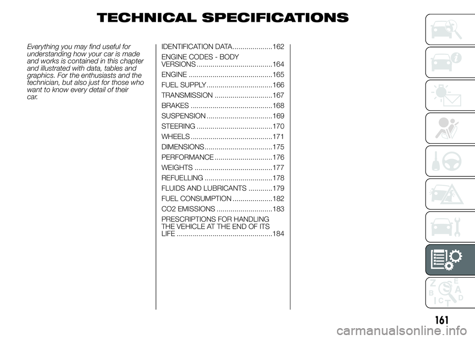 Alfa Romeo 4C 2015  Owner handbook (in English) TECHNICAL SPECIFICATIONS
Everything you may find useful for
understanding how your car is made
and works is contained in this chapter
and illustrated with data, tables and
graphics. For the enthusiast