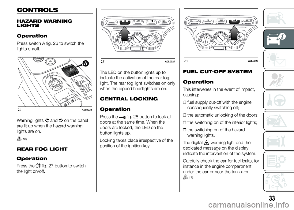 Alfa Romeo 4C 2015  Owner handbook (in English) CONTROLS
HAZARD WARNING
LIGHTS
Operation
Press switch A fig. 26 to switch the
lights on/off.
Warning lights
andon the panel
are lit up when the hazard warning
lights are on.
16)
REAR FOG LIGHT
Operati