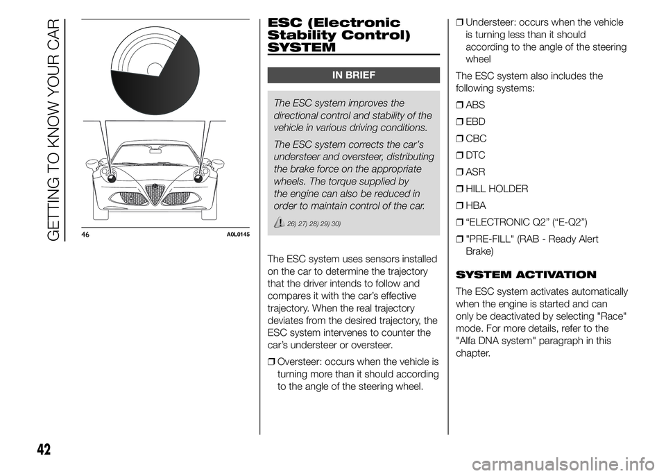 Alfa Romeo 4C 2015  Owner handbook (in English) .
ESC (Electronic
Stability Control)
SYSTEM
IN BRIEF
The ESC system improves the
directional control and stability of the
vehicle in various driving conditions.
The ESC system corrects the car’s
und