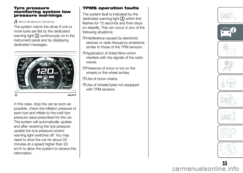 Alfa Romeo 4C 2015  Owner handbook (in English) Tyre pressure
monitoring system low
pressure warnings
46) 47) 48) 49) 50) 51) 52) 53) 54)
The system warns the driver if one or
more tyres are flat by the dedicated
warning light
continuously on in th