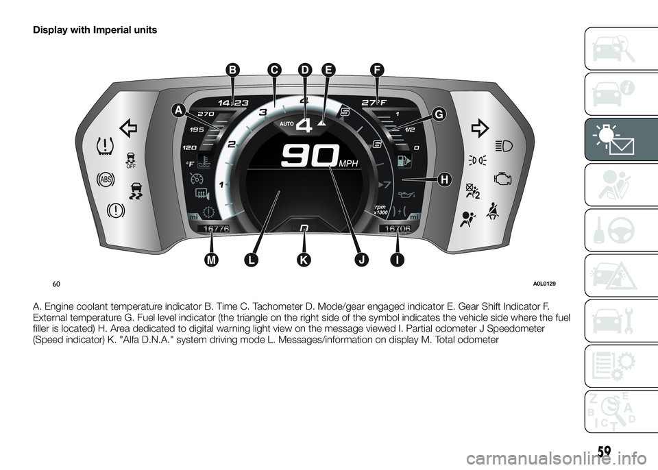 Alfa Romeo 4C 2016  Owner handbook (in English) Display with Imperial units
A. Engine coolant temperature indicator B. Time C. Tachometer D. Mode/gear engaged indicator E. Gear Shift Indicator F.
External temperature G. Fuel level indicator (the tr