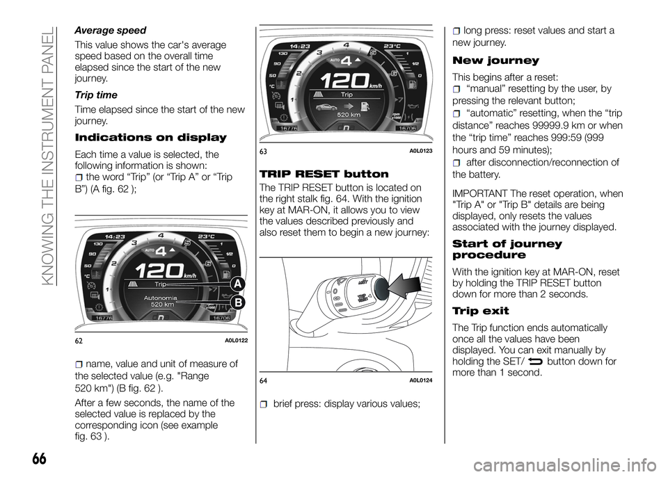 Alfa Romeo 4C 2016  Owner handbook (in English) Average speed
This value shows the car's average
speed based on the overall time
elapsed since the start of the new
journey.
Trip time
Time elapsed since the start of the new
journey.
Indications 