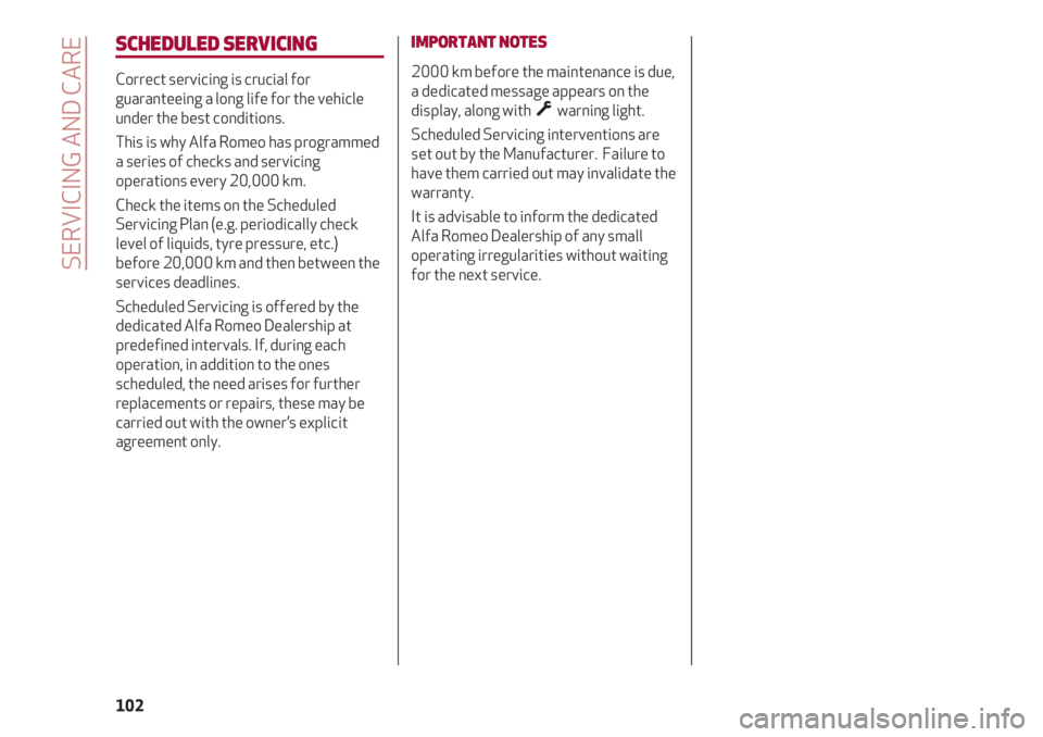 Alfa Romeo 4C 2021  Instructieboek (in Dutch) SERVICING AND CARE
102
SCHEDULED SERVICING
Correct servicing is crucial for
guaranteeing a long life for the vehicle
under the best conditions.
This is why Alfa Romeo has programmed
a series of checks