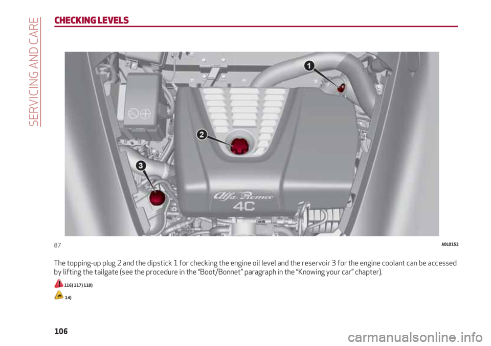 Alfa Romeo 4C 2021  Instructieboek (in Dutch) SERVICING AND CARE
106
CHECKING LEVELS
The topping-up plug 2 and the dipstick 1 for checking the engine oil level and the reservoir 3 for the engine coolant can be accessed
by lifting the tailgate (se