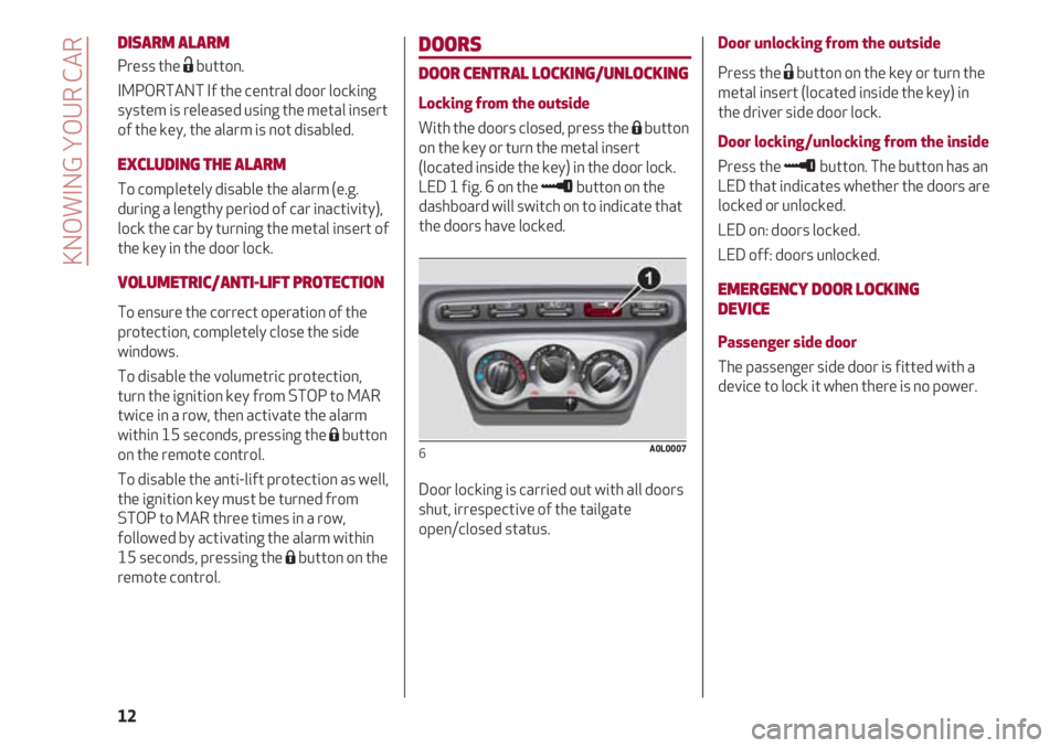 Alfa Romeo 4C 2020  Owner handbook (in English) DOORS
DOOR CENTRAL LOCKING/UNLOCKING
Locking from the outside
With the doors closed, press the Ábutton
on the key or turn the metal insert
(located inside the key) in the door lock.
LED 1 fig. 6 on t