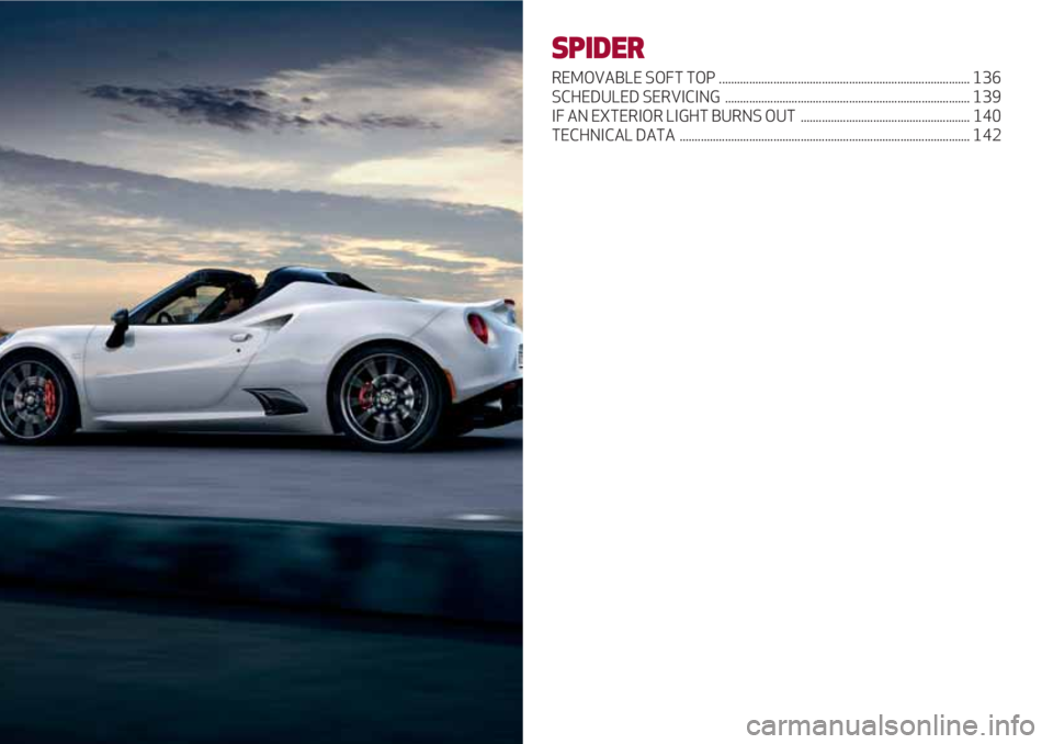 Alfa Romeo 4C 2020  Owner handbook (in English) SPIDER
REMOVABLE SOFT TOP ................................................................................... 136
SCHEDULED SERVICING  .................................................................