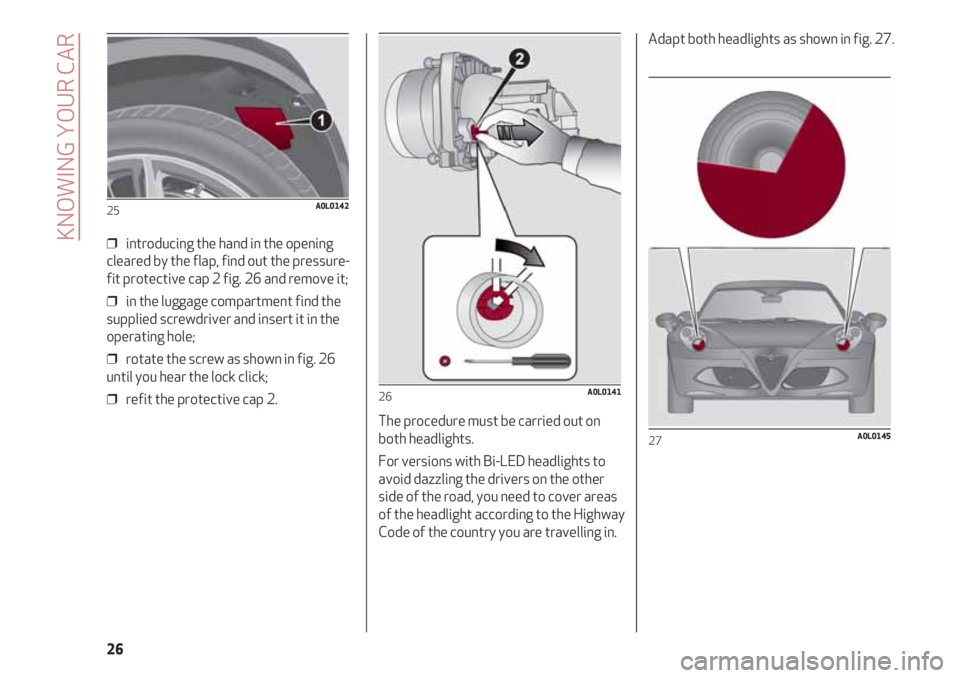 Alfa Romeo 4C 2020  Owner handbook (in English) KNOWING YOUR CAR
26
❒  introducing the hand in the opening
cleared by the flap, find out the pressure-
fit protective cap 2 fig. 26 and remove it;
❒  in the luggage compartment find the
supplied s
