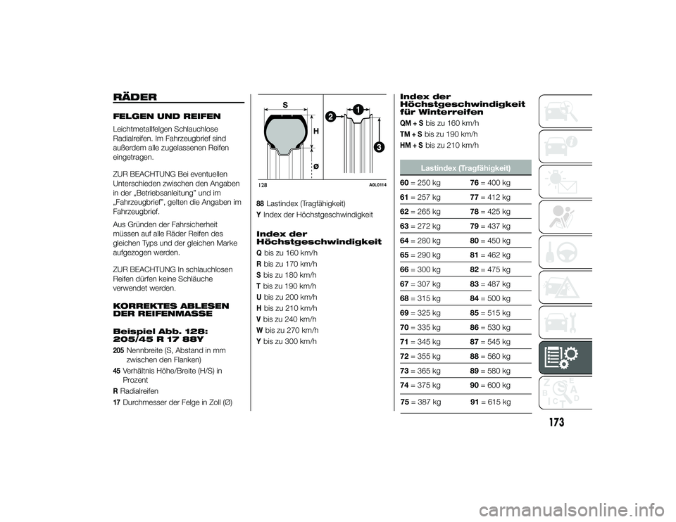 Alfa Romeo 4C 2013  Betriebsanleitung (in German) RÄDERFELGEN UND REIFEN
Leichtmetallfelgen Schlauchlose
Radialreifen. Im Fahrzeugbrief sind
außerdem alle zugelassenen Reifen
eingetragen.
ZUR BEACHTUNG Bei eventuellen
Unterschieden zwischen den Ang