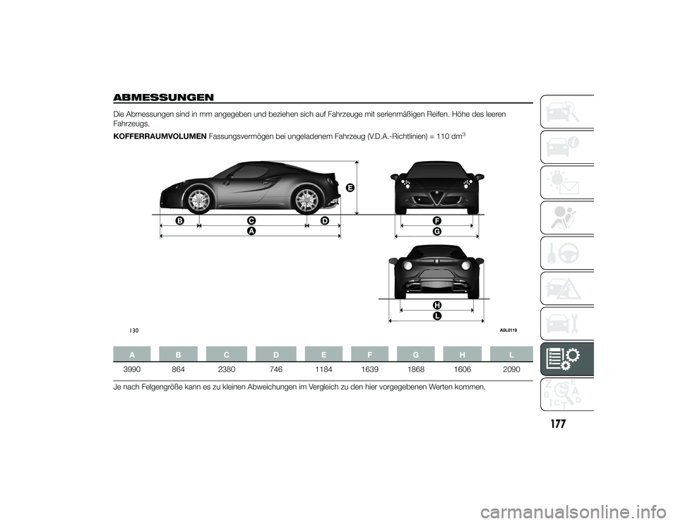 Alfa Romeo 4C 2014  Betriebsanleitung (in German) ABMESSUNGENDie Abmessungen sind in mm angegeben und beziehen sich auf Fahrzeuge mit serienmäßigen Reifen. Höhe des leeren
Fahrzeugs.
KOFFERRAUMVOLUMENFassungsvermögen bei ungeladenem Fahrzeug (V.D