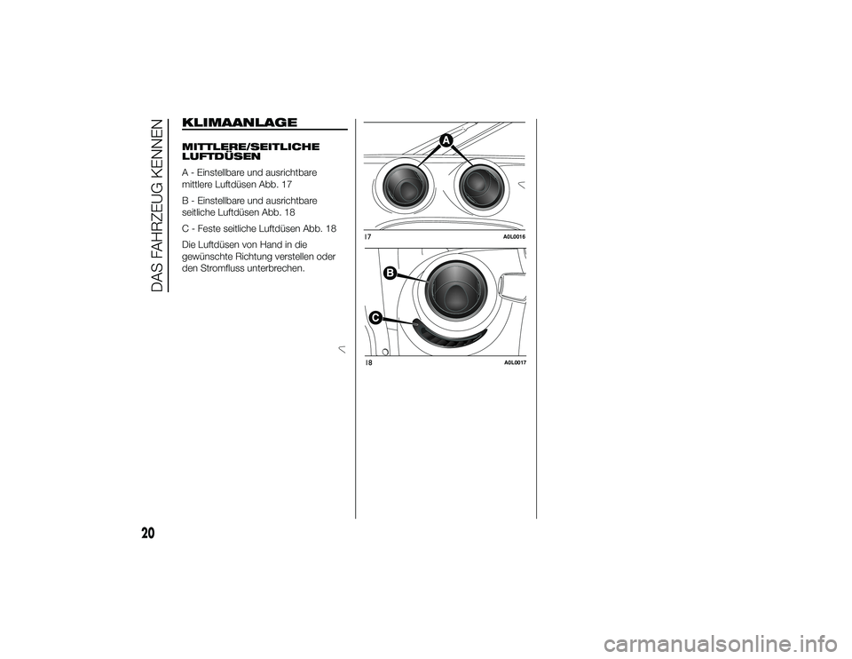 Alfa Romeo 4C 2014  Betriebsanleitung (in German) KLIMAANLAGEMITTLERE/SEITLICHE
LUFTDÜSEN
A - Einstellbare und ausrichtbare
mittlere Luftdüsen Abb. 17
B - Einstellbare und ausrichtbare
seitliche Luftdüsen Abb. 18
C - Feste seitliche Luftdüsen Abb