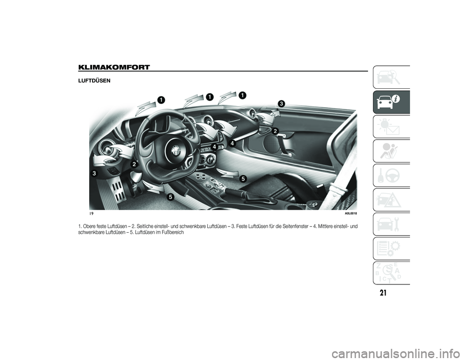 Alfa Romeo 4C 2013 Betriebsanleitung (in German) KLIMAKOMFORTLUFTDÜSEN1. Obere feste Luftdüsen – 2. Seitliche einstell- und schwenkbare Luftdüsen – 3. Feste Luftdüsen für die Seitenfenster – 4. Mittlere einstell- und
schwenkbare Luftdüse Alfa Romeo 4C 2013 Betriebsanleitung (in German) KLIMAKOMFORTLUFTDÜSEN1. Obere feste Luftdüsen – 2. Seitliche einstell- und schwenkbare Luftdüsen – 3. Feste Luftdüsen für die Seitenfenster – 4. Mittlere einstell- und
schwenkbare Luftdüse
