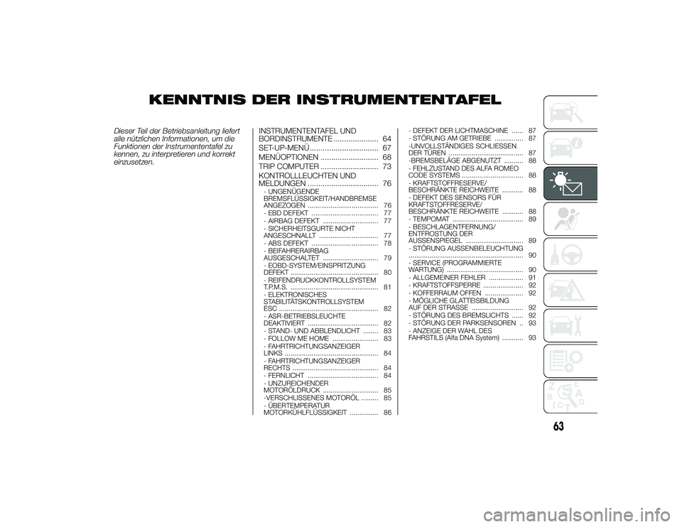 Alfa Romeo 4C 2014  Betriebsanleitung (in German) KENNTNIS DER INSTRUMENTENTAFEL
Dieser Teil der Betriebsanleitung liefert
alle nützlichen Informationen, um die
Funktionen der Instrumententafel zu
kennen, zu interpretieren und korrekt
einzusetzen.IN