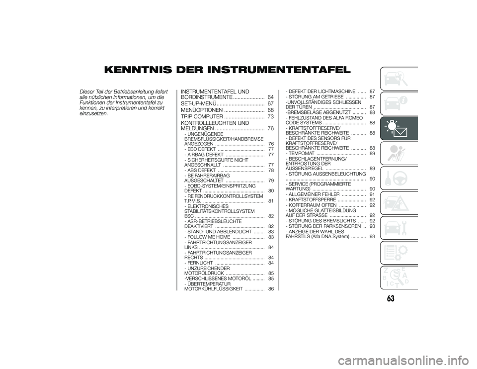 Alfa Romeo 4C 2013 Betriebsanleitung (in German) KENNTNIS DER INSTRUMENTENTAFEL
Dieser Teil der Betriebsanleitung liefert
alle nützlichen Informationen, um die
Funktionen der Instrumententafel zu
kennen, zu interpretieren und korrekt
einzusetzen.IN Alfa Romeo 4C 2013 Betriebsanleitung (in German) KENNTNIS DER INSTRUMENTENTAFEL
Dieser Teil der Betriebsanleitung liefert
alle nützlichen Informationen, um die
Funktionen der Instrumententafel zu
kennen, zu interpretieren und korrekt
einzusetzen.IN