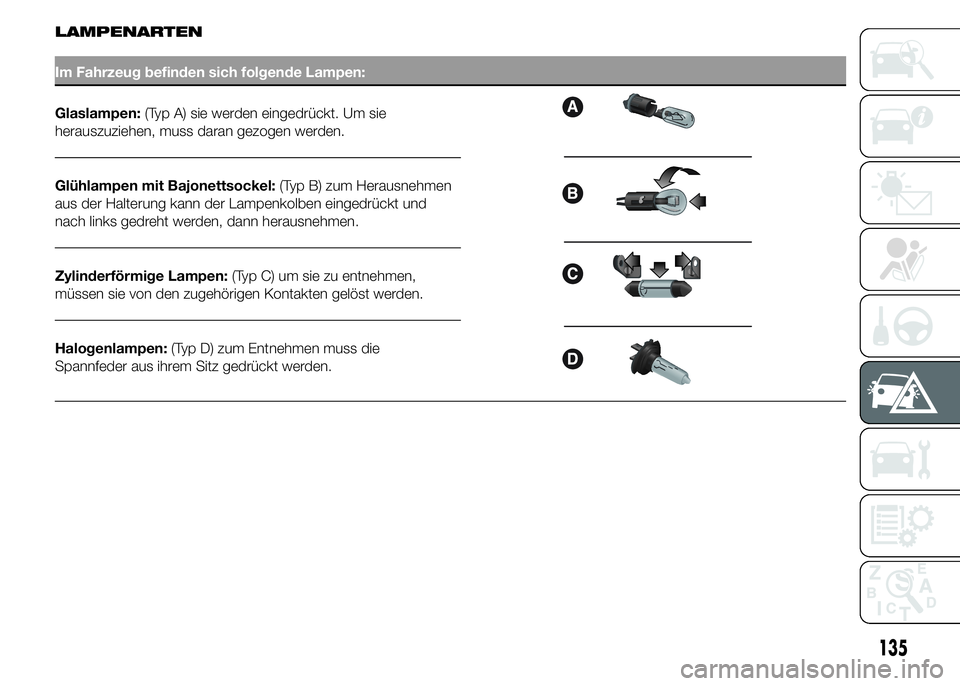 Alfa Romeo 4C 2015 Betriebsanleitung (in German) LAMPENARTEN
Im Fahrzeug befinden sich folgende Lampen:
Glaslampen:(Typ A) sie werden eingedrückt. Um sie
herauszuziehen, muss daran gezogen werden.
Glühlampen mit Bajonettsockel:(Typ B) zum Herausne Alfa Romeo 4C 2015 Betriebsanleitung (in German) LAMPENARTEN
Im Fahrzeug befinden sich folgende Lampen:
Glaslampen:(Typ A) sie werden eingedrückt. Um sie
herauszuziehen, muss daran gezogen werden.
Glühlampen mit Bajonettsockel:(Typ B) zum Herausne
