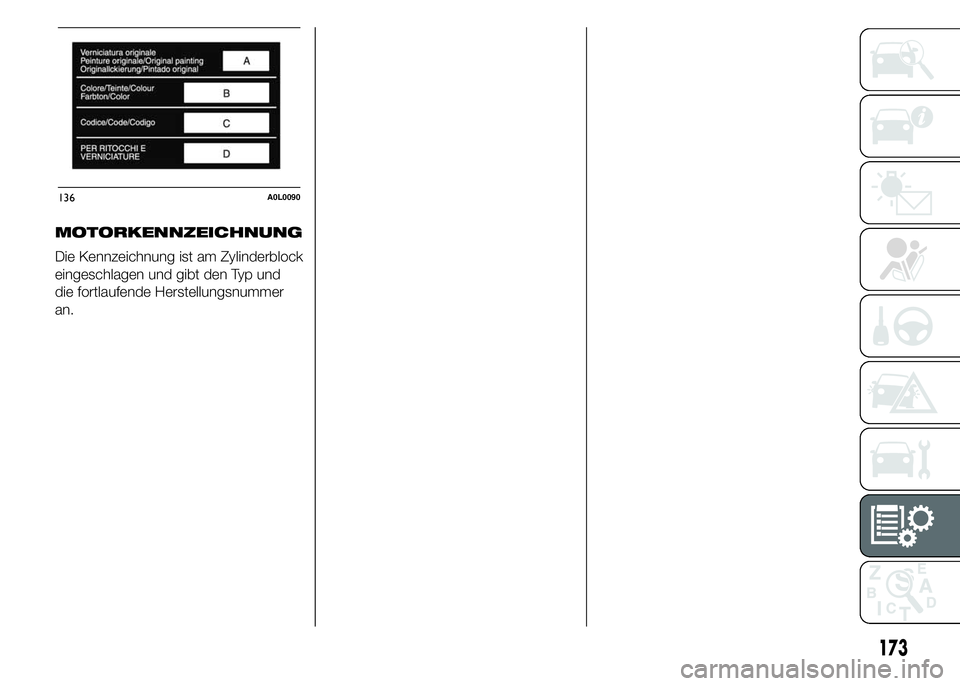 Alfa Romeo 4C 2015  Betriebsanleitung (in German) MOTORKENNZEICHNUNG
Die Kennzeichnung ist am Zylinderblock
eingeschlagen und gibt den Typ und
die fortlaufende Herstellungsnummer
an.
136A0L0090
173 