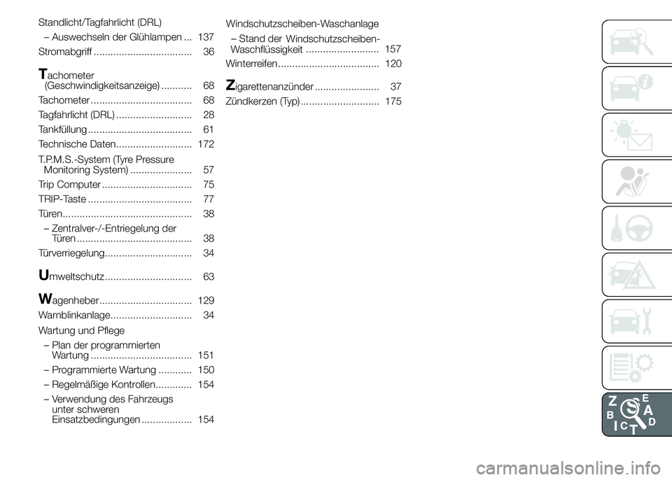 Alfa Romeo 4C 2015 Betriebsanleitung (in German) Standlicht/Tagfahrlicht (DRL)
– Auswechseln der Glühlampen ... 137
Stromabgriff ................................... 36
Tachometer
(Geschwindigkeitsanzeige) ........... 68
Tachometer ............... Alfa Romeo 4C 2015 Betriebsanleitung (in German) Standlicht/Tagfahrlicht (DRL)
– Auswechseln der Glühlampen ... 137
Stromabgriff ................................... 36
Tachometer
(Geschwindigkeitsanzeige) ........... 68
Tachometer ...............