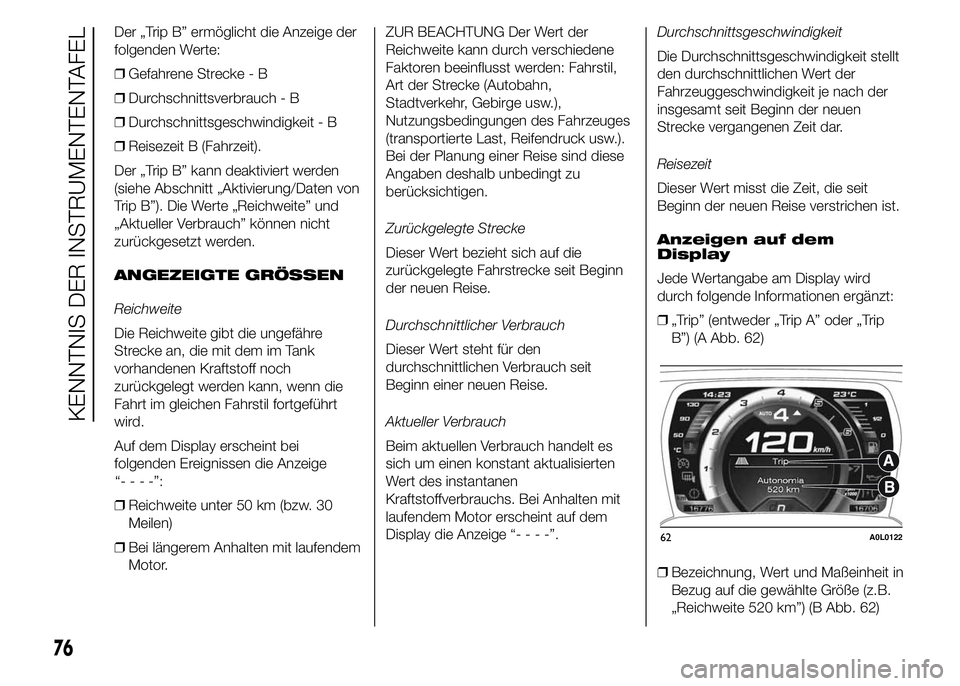 Alfa Romeo 4C 2015 Betriebsanleitung (in German) Der „Trip B” ermöglicht die Anzeige der
folgenden Werte:
❒Gefahrene Strecke - B
❒Durchschnittsverbrauch - B
❒Durchschnittsgeschwindigkeit - B
❒Reisezeit B (Fahrzeit).
Der „Trip B” kan Alfa Romeo 4C 2015 Betriebsanleitung (in German) Der „Trip B” ermöglicht die Anzeige der
folgenden Werte:
❒Gefahrene Strecke - B
❒Durchschnittsverbrauch - B
❒Durchschnittsgeschwindigkeit - B
❒Reisezeit B (Fahrzeit).
Der „Trip B” kan