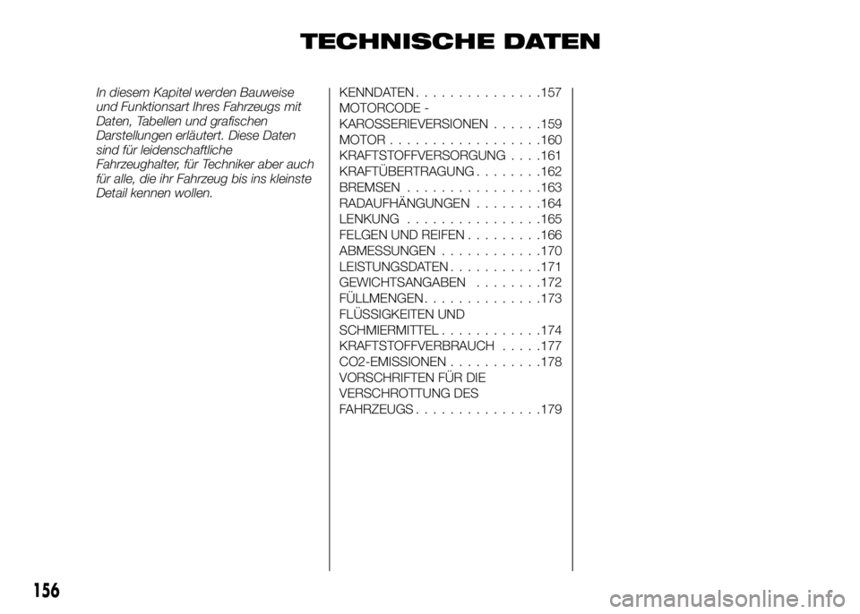 Alfa Romeo 4C 2016 Betriebsanleitung (in German) TECHNISCHE DATEN
In diesem Kapitel werden Bauweise
und Funktionsart Ihres Fahrzeugs mit
Daten, Tabellen und grafischen
Darstellungen erläutert. Diese Daten
sind für leidenschaftliche
Fahrzeughalter, Alfa Romeo 4C 2016 Betriebsanleitung (in German) TECHNISCHE DATEN
In diesem Kapitel werden Bauweise
und Funktionsart Ihres Fahrzeugs mit
Daten, Tabellen und grafischen
Darstellungen erläutert. Diese Daten
sind für leidenschaftliche
Fahrzeughalter,