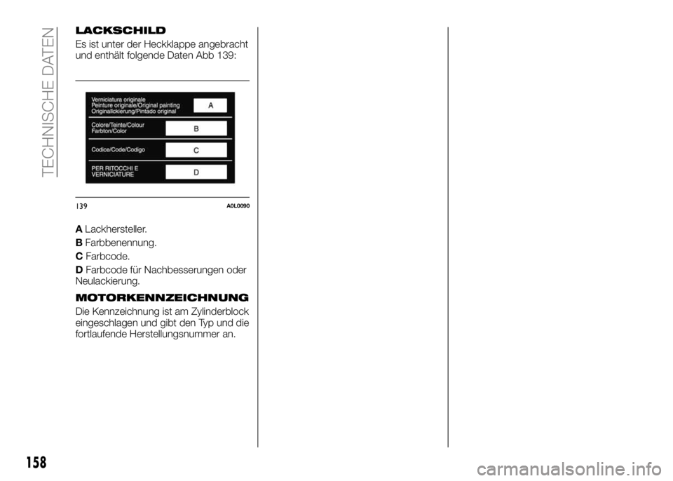 Alfa Romeo 4C 2016  Betriebsanleitung (in German) LACKSCHILD
Es ist unter der Heckklappe angebracht
und enthält folgende Daten Abb 139:
ALackhersteller.
BFarbbenennung.
CFarbcode.
DFarbcode für Nachbesserungen oder
Neulackierung.
MOTORKENNZEICHNUNG