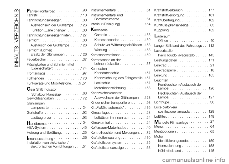 Alfa Romeo 4C 2016  Betriebsanleitung (in German) Fahrer-Frontairbag............98
Fahrstil...................110
Fahrtrichtungsanzeiger..........30
Auswechseln der Glühlampe . . .126
Funktion „Lane change”.......30
Fahrtrichtungsanzeiger hinten