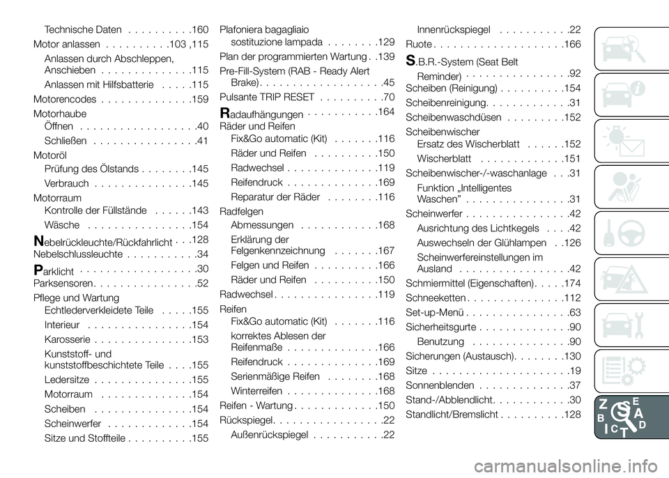 Alfa Romeo 4C 2016 Betriebsanleitung (in German) Technische Daten..........160
Motor anlassen..........103 ,115
Anlassen durch Abschleppen,
Anschieben..............115
Anlassen mit Hilfsbatterie.....115
Motorencodes..............159
Motorhaube
Öffn Alfa Romeo 4C 2016 Betriebsanleitung (in German) Technische Daten..........160
Motor anlassen..........103 ,115
Anlassen durch Abschleppen,
Anschieben..............115
Anlassen mit Hilfsbatterie.....115
Motorencodes..............159
Motorhaube
Öffn