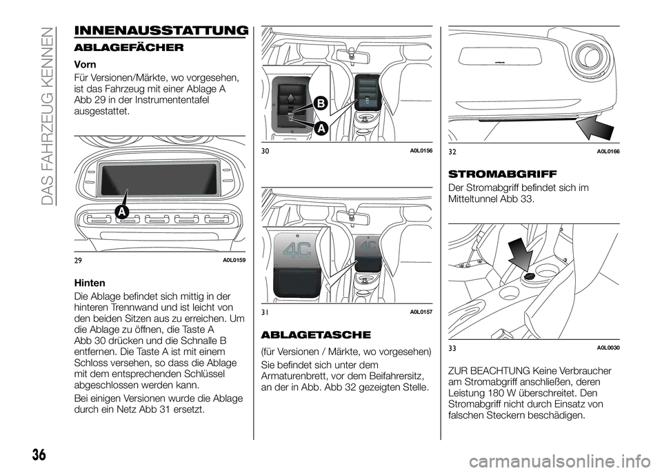 Alfa Romeo 4C 2016 Betriebsanleitung (in German) INNENAUSSTATTUNG
ABLAGEFÄCHER
Vorn
Für Versionen/Märkte, wo vorgesehen,
ist das Fahrzeug mit einer Ablage A
Abb 29 in der Instrumententafel
ausgestattet.
Hinten
Die Ablage befindet sich mittig in d Alfa Romeo 4C 2016 Betriebsanleitung (in German) INNENAUSSTATTUNG
ABLAGEFÄCHER
Vorn
Für Versionen/Märkte, wo vorgesehen,
ist das Fahrzeug mit einer Ablage A
Abb 29 in der Instrumententafel
ausgestattet.
Hinten
Die Ablage befindet sich mittig in d