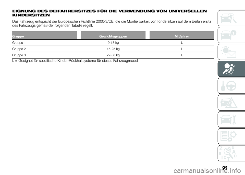 Alfa Romeo 4C 2016  Betriebsanleitung (in German) EIGNUNG DES BEIFAHRERSITZES FÜR DIE VERWENDUNG VON UNIVERSELLEN
KINDERSITZEN
Das Fahrzeug entspricht der Europäischen Richtlinie 2000/3/CE, die die Montierbarkeit von Kindersitzen auf dem Beifahrers
