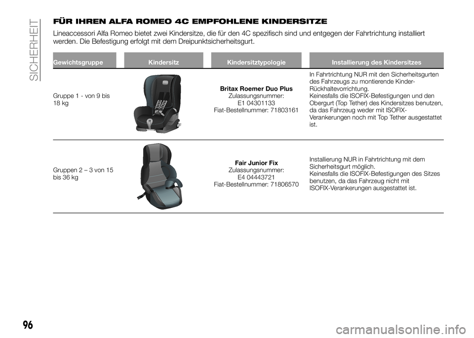 Alfa Romeo 4C 2016  Betriebsanleitung (in German) FÜR IHREN ALFA ROMEO 4C EMPFOHLENE KINDERSITZE
Lineaccessori Alfa Romeo bietet zwei Kindersitze, die für den 4C spezifisch sind und entgegen der Fahrtrichtung installiert
werden. Die Befestigung erf