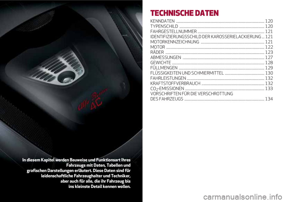 Alfa Romeo 4C 2021  Betriebsanleitung (in German) TECHNISCHE DATEN
KENNDATEN ........................................................................................................... 120
TYPENSCHILD .................................................