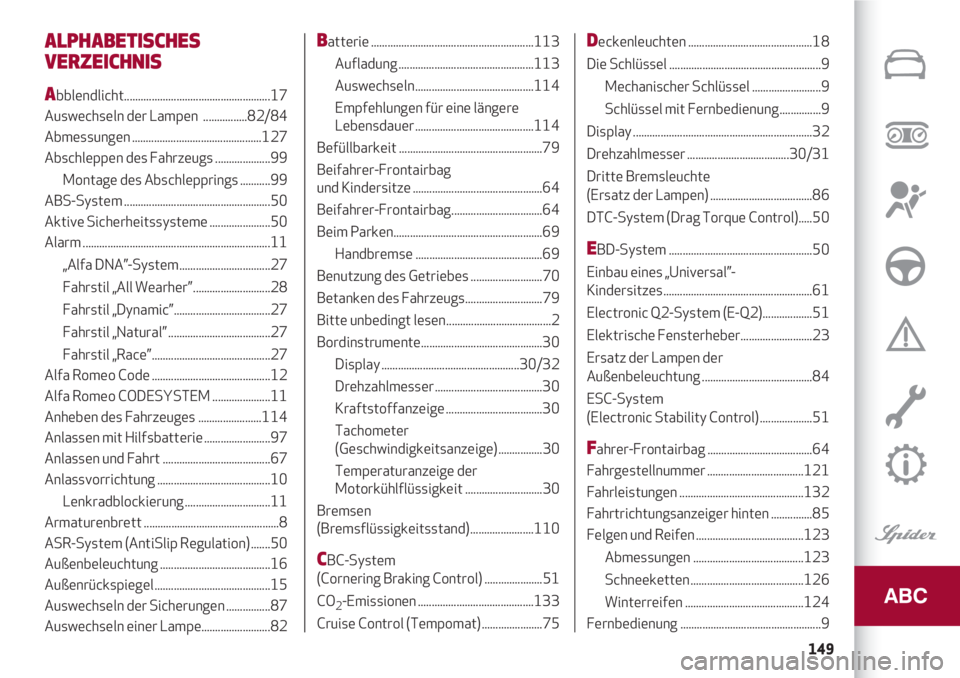 Alfa Romeo 4C 2021  Betriebsanleitung (in German) 149
ALPHABETISCHES
VERZEICHNIS
Abblendlicht.....................................................17
Auswechseln der Lampen  ................82/84 
Abmessungen ..........................................