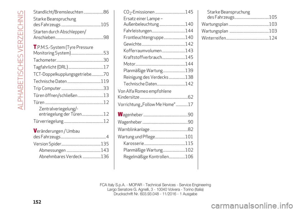 Alfa Romeo 4C 2021  Betriebsanleitung (in German) ALPHABETISCHES VERZEICHNIS
152
Standlicht/Bremsleuchten .......................86 
Starke Beanspruchung 
des Fahrzeugs ..............................................105
Starten durch Abschleppen/
Ansc