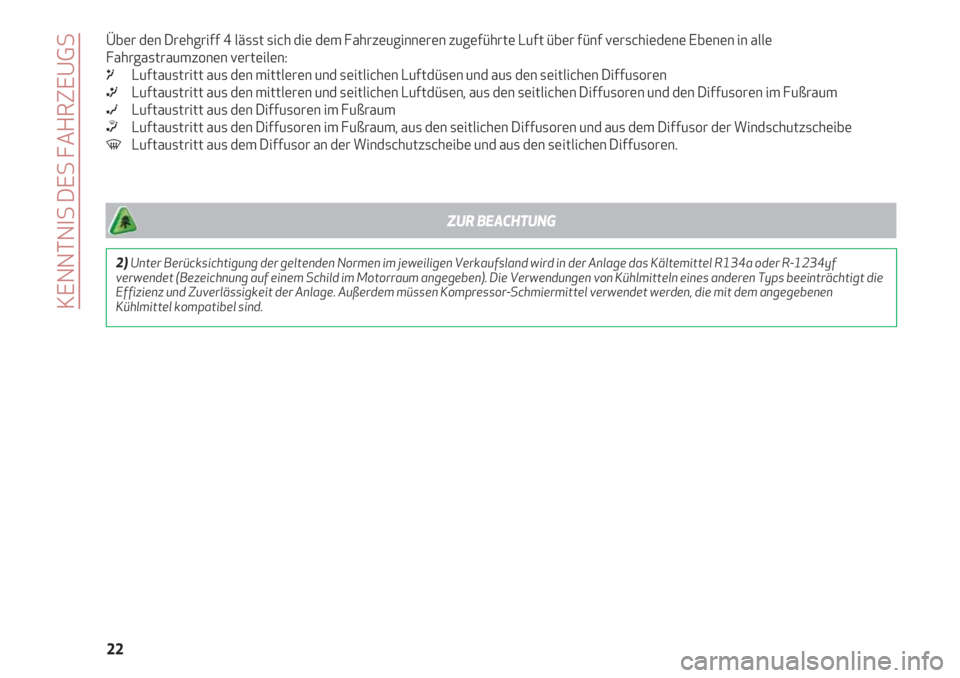 Alfa Romeo 4C 2021  Betriebsanleitung (in German) KENNTNIS DES FAHRZEUGS
22 Über den Drehgriff 4 lässt sich die dem Fahrzeuginneren zugeführte Luft über fünf verschiedene Ebenen in alle
Fahrgastraumzonen verteilen:
μLuftaustritt aus den mittler