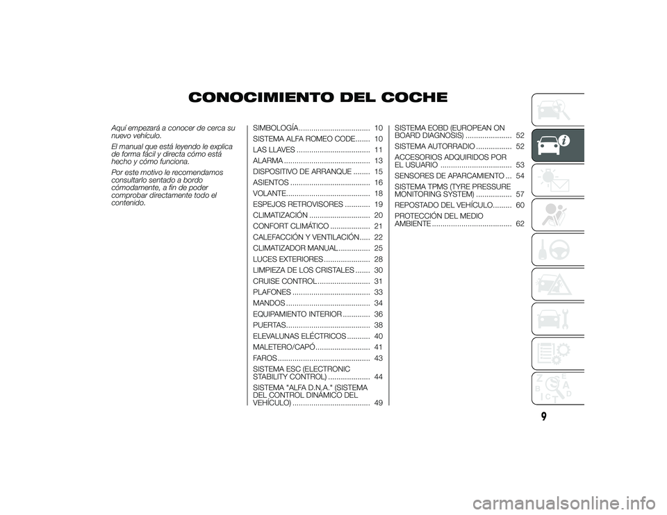 Alfa Romeo 4C 2014 Manual de Empleo y Cuidado (in Spanish) CONOCIMIENTO DEL COCHE
Aquí empezará a conocer de cerca su
nuevo vehículo.
El manual que está leyendo le explica
de forma fácil y directa cómo está
hecho y cómo funciona.
Por este motivo le re Alfa Romeo 4C 2014 Manual de Empleo y Cuidado (in Spanish) CONOCIMIENTO DEL COCHE
Aquí empezará a conocer de cerca su
nuevo vehículo.
El manual que está leyendo le explica
de forma fácil y directa cómo está
hecho y cómo funciona.
Por este motivo le re