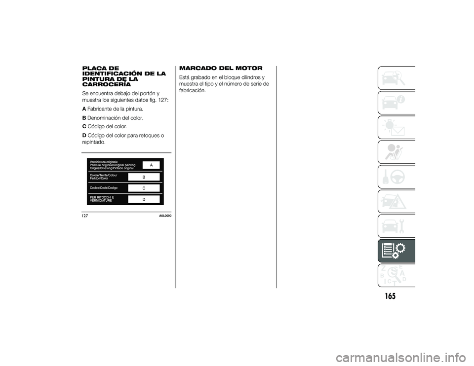 Alfa Romeo 4C 2014 Manual de Empleo y Cuidado (in Spanish) CCódigo del color.
D Código del color para retoques o
repintado. MARCADO DEL MOTOR
Está grabado en el bloque cilindros y
muestra el tipo y el número de serie de
fabricación.127
A0L0090
165
24-9-2 Alfa Romeo 4C 2014 Manual de Empleo y Cuidado (in Spanish) CCódigo del color.
D Código del color para retoques o
repintado. MARCADO DEL MOTOR
Está grabado en el bloque cilindros y
muestra el tipo y el número de serie de
fabricación.127
A0L0090
165
24-9-2
